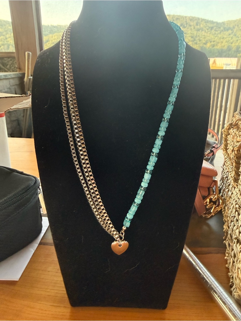 Silver Chain and Aqua Bead Heart Pendant Necklace